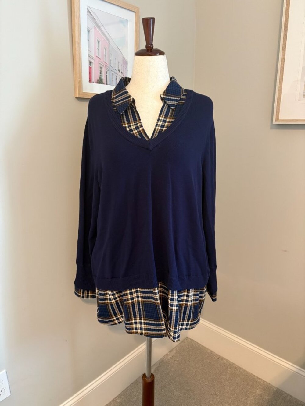 Belle by Kim Gravel Women’s XL Twofer V-Neck Sweater Navy Plaid Layered Look Top